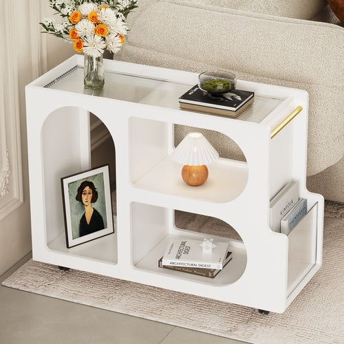 Mobile End Table with Lockable Wheels, Narrow Coffee Table with 5mm Blue Strawberry