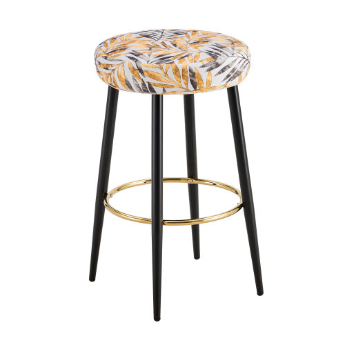 Counter Height Bar Stools Set Of 2, PU Kitchen Stools Upholstered Dining Chair Stools 24 Inches Height With Golden Footrest For Kitchen Island Coffee Shop Bar Home Balcony Silver Leaves Velvet