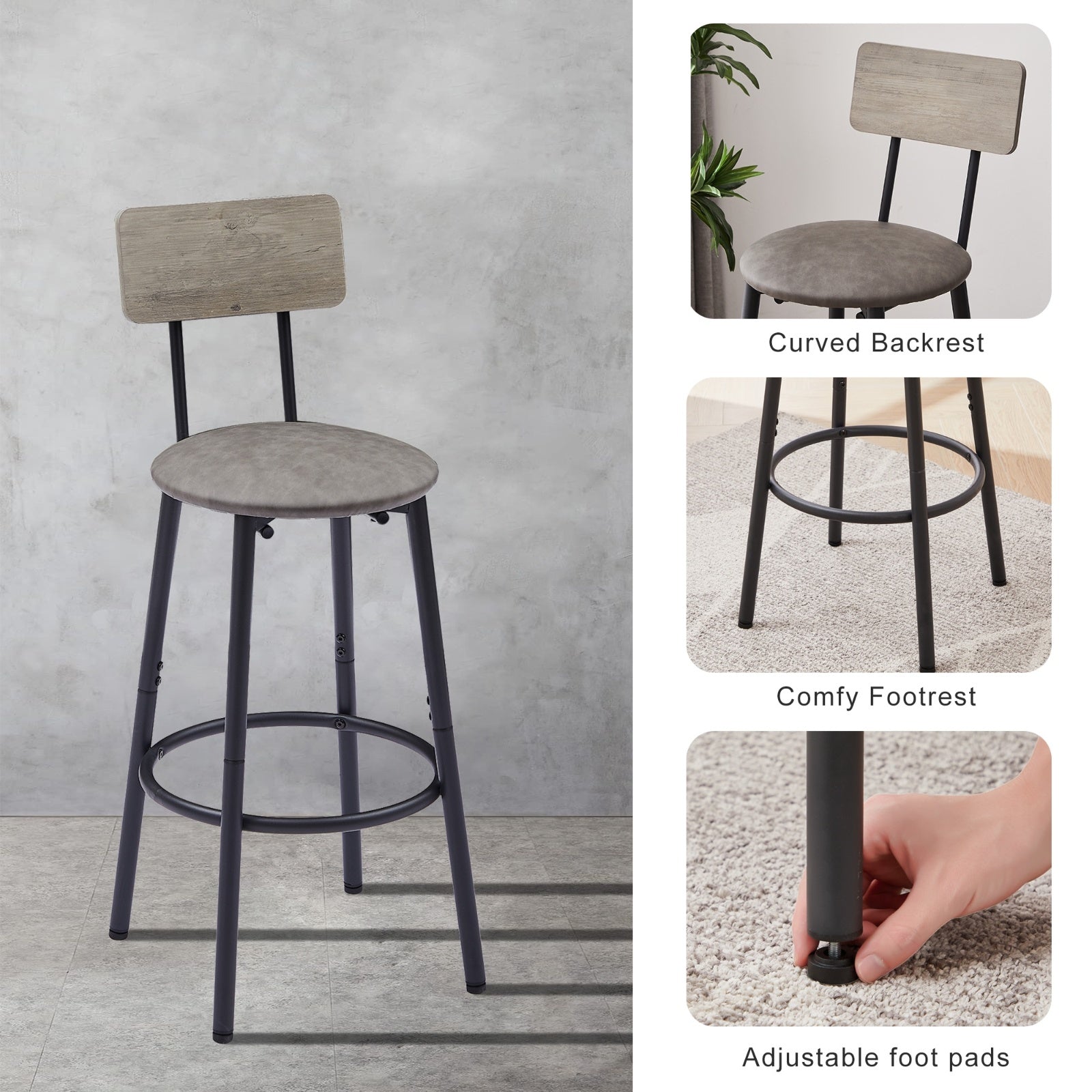 Bar Table Set With 2 Stools, PU Soft Seat & Backrest, Grey, 23.62 W X 35.4 H