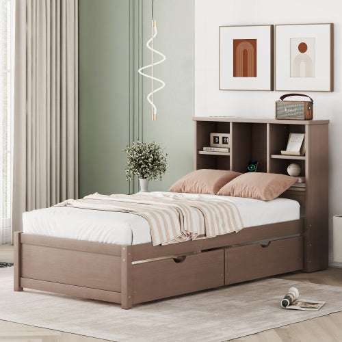 Modern Twin Size Bed Frame With Built-in USB Port On Bookcase Headboard And 2 Drawers For Walnut Color