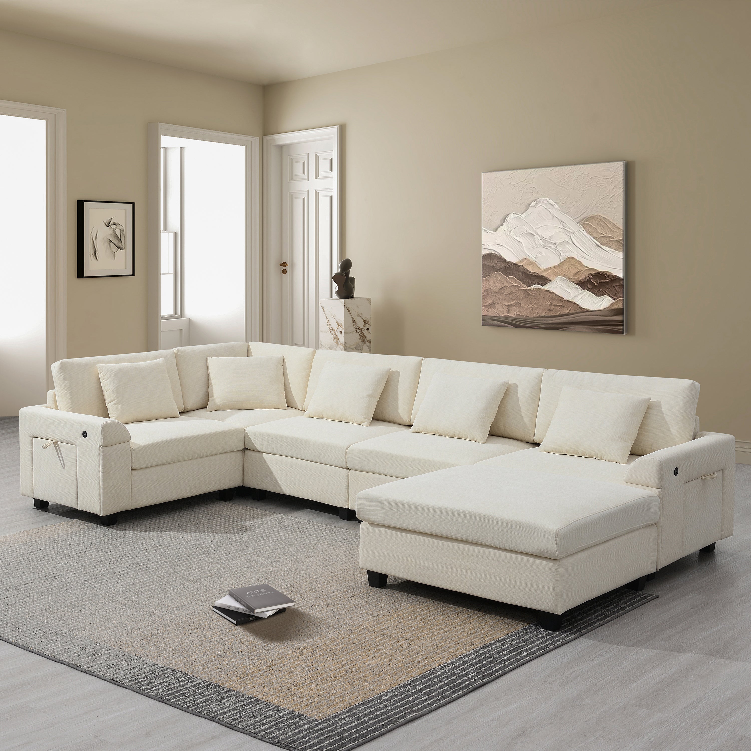 128*67" U Shaped Sectional Sofa,6 Seat Chenille Couch Set with