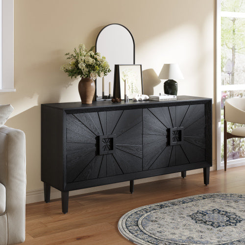 60'' Premium Rustic American Farmhouse Credenza - Symmetrical Sunburst Door Design, Heavy-Duty Antique Wood TV Stand With Adjustable Shelves, Storage Cabinet For Living Room Kitchen  Antique Natural