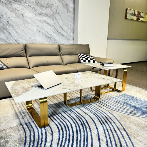 LuneluX_Home – Modern Sintered Stone Coffee Table Set with Gold Frame Carmine Juneberry