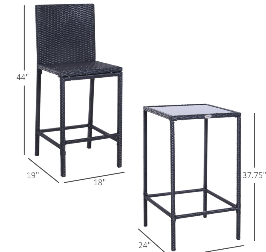 Wicker Bar Set, 3-Piece Outdoor Counter Height With Glass Top Table & Stools, All-Weather - Black