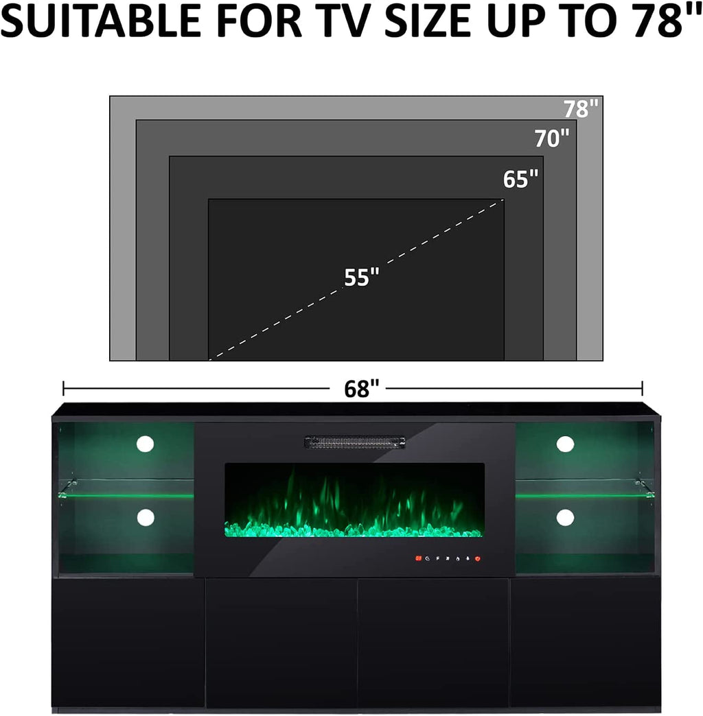 Modern TV Stand with Electric Fireplace and LED Lights Peach Maple