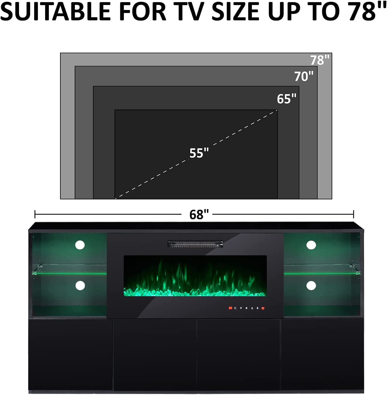 Modern TV Stand with Electric Fireplace and LED Lights Peach Maple