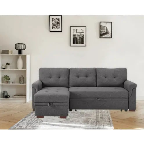 Dark Gray Linen Reversible Sleeper Sectional Sofa With Storage Chaise CJDropshipping