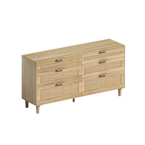 Rattan Dresser With Drawers, 6 Drawer Dresser For Bedroom, Clothes Storage Cabinet For Bedroom, Metal Handle&Wood Legs For Hallway, Living Room, Bedroom,Natural