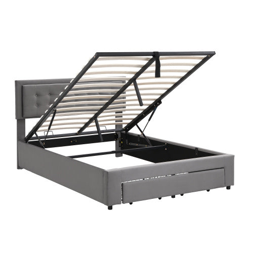 Upholstered Bed,Double Bed-4ft6 135x190cm, Velvet Fabric, Double Bed, Large Storage Space,With Slats And Headboard,Without Mattress,Grey