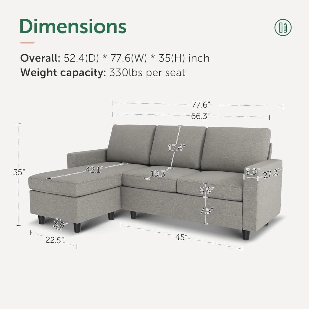 Light Grey Linen Convertible L-Shaped Sectional Sofa Peach Maple