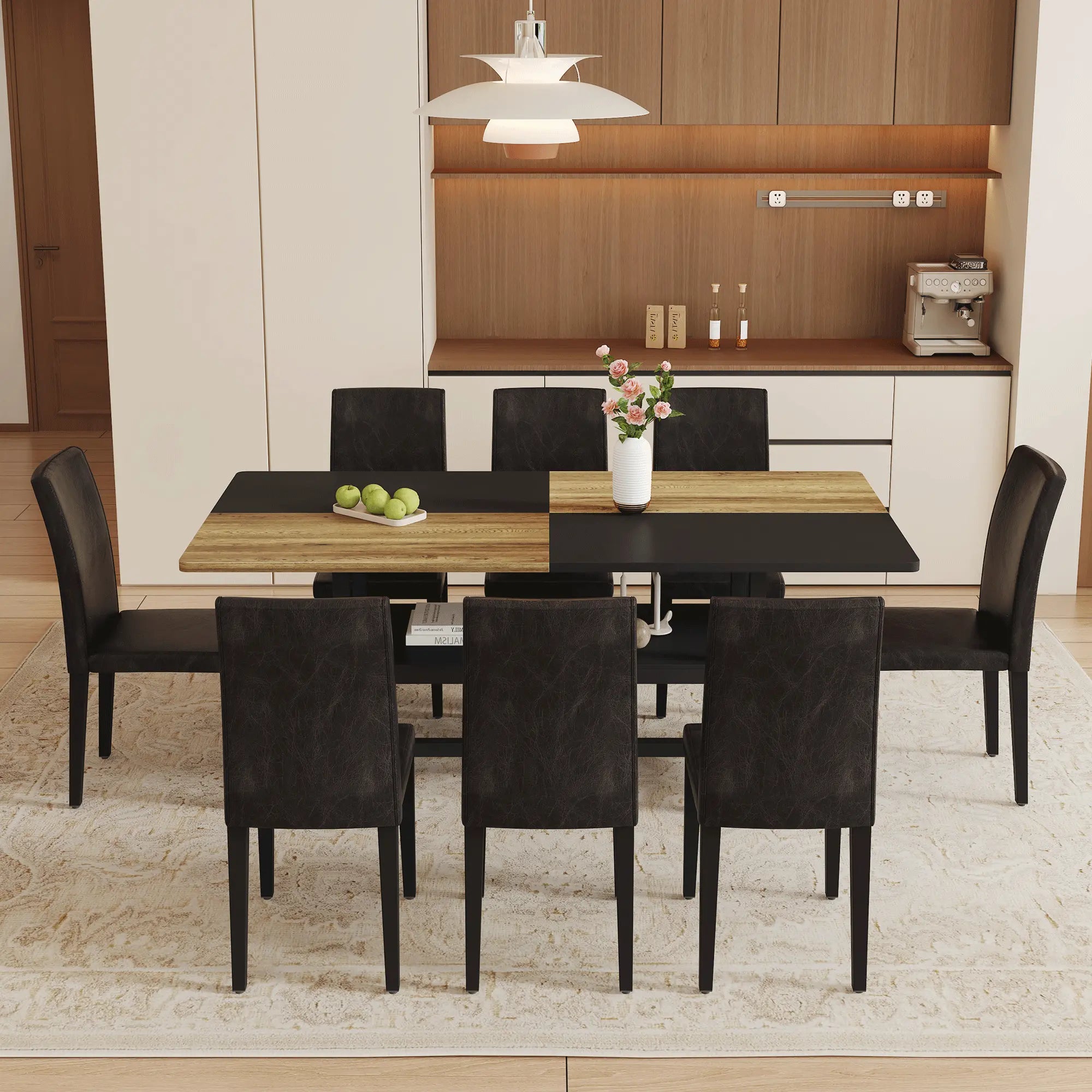 Table and chair set.71*35.4 inch Wooden And Black Spliced Dining Table Sangria Beech