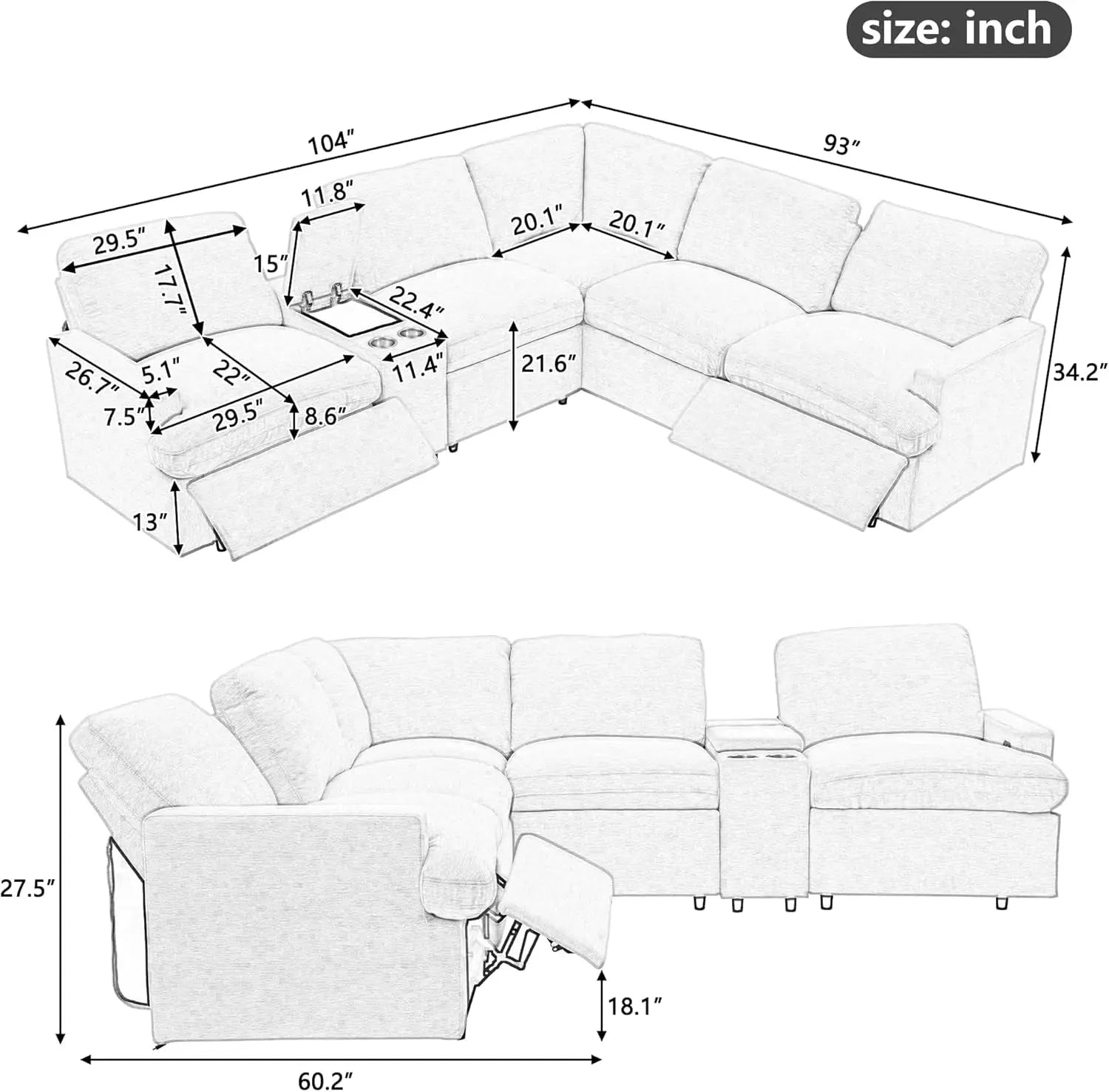 Modern Power Reclining Sectional Sofa with USB & Power Peach Maple