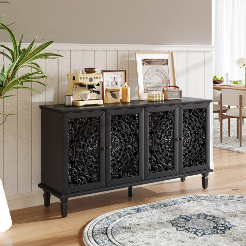 60 Antique Buffet Cabinet With Floral Carvings With Solid Wood Legs&Antique Brass Handles&Adjustable Shelves, TV Stand For 65'' TV, Sideboard For Living Room,Dining Room