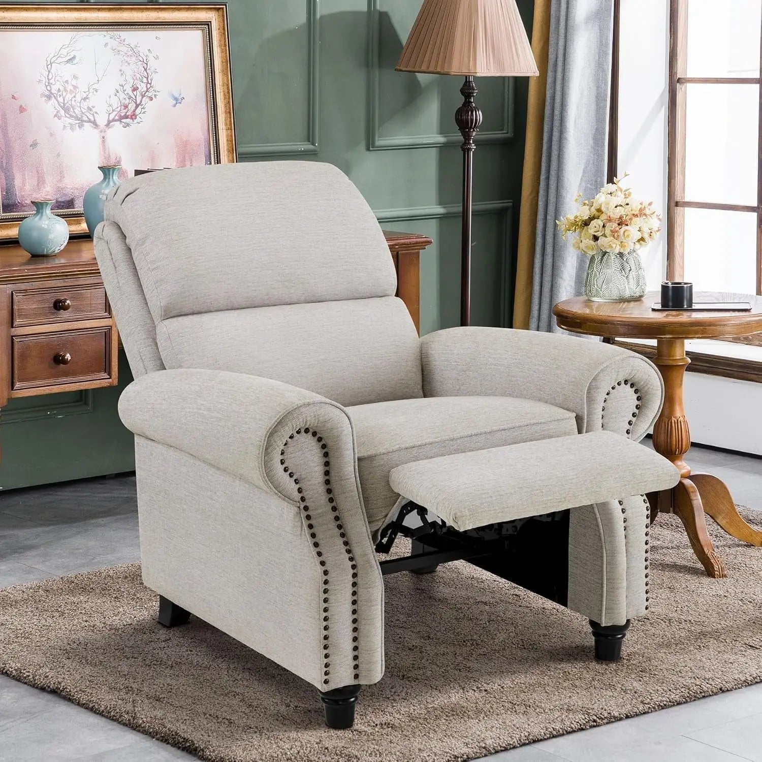 Pushback Recliner Chair, Chenille Upholstered Accent Chairs, Peach Maple