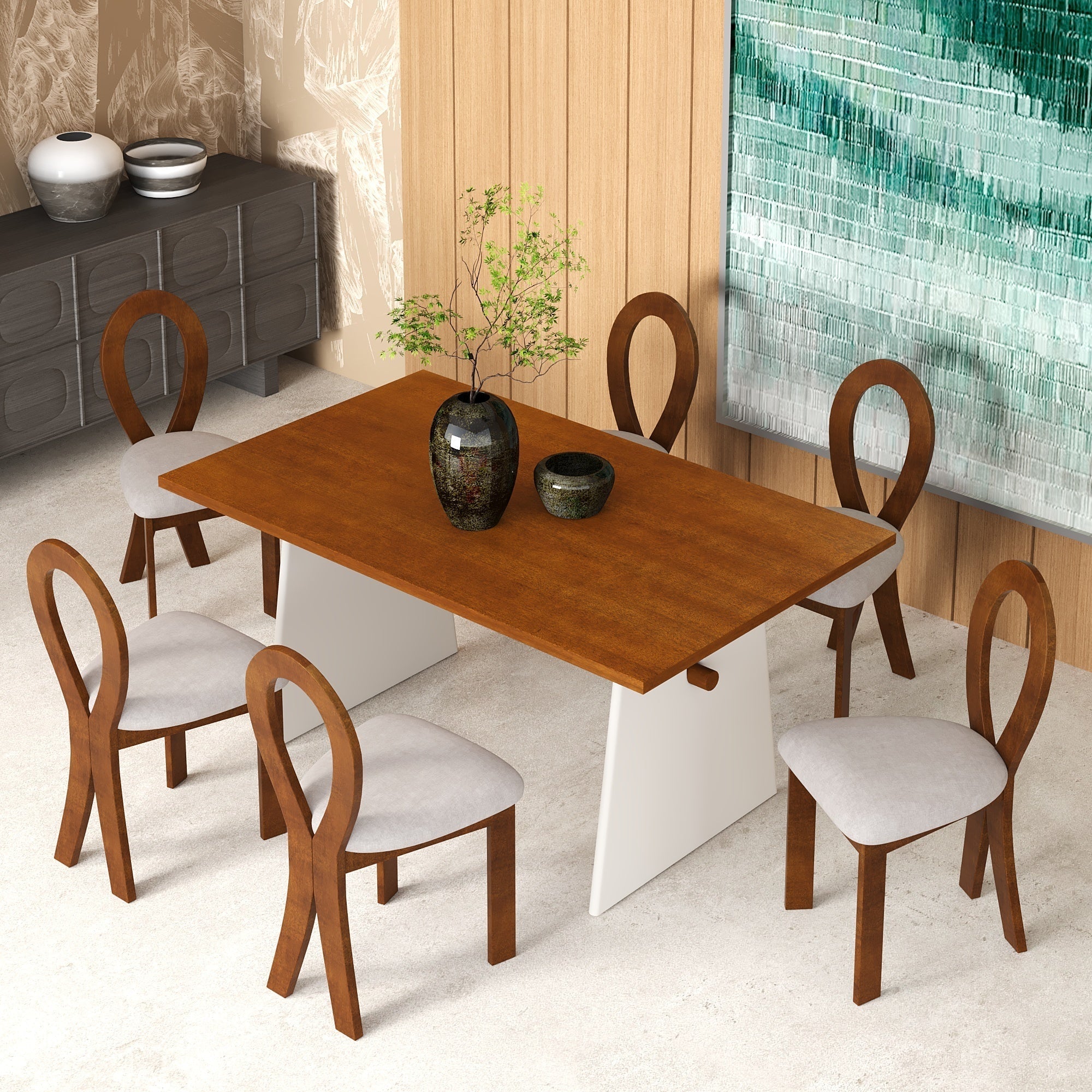 Modern 7-Piece Dining Table Set with Trestle Dining Table and 6 Sangria Beech