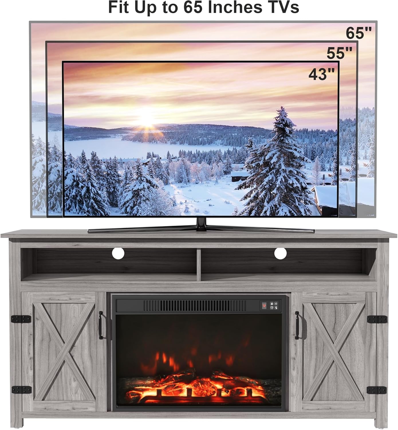 Farmhouse Fireplace TV Stand for Tvs up to 65 Inch Highboy Peach Maple