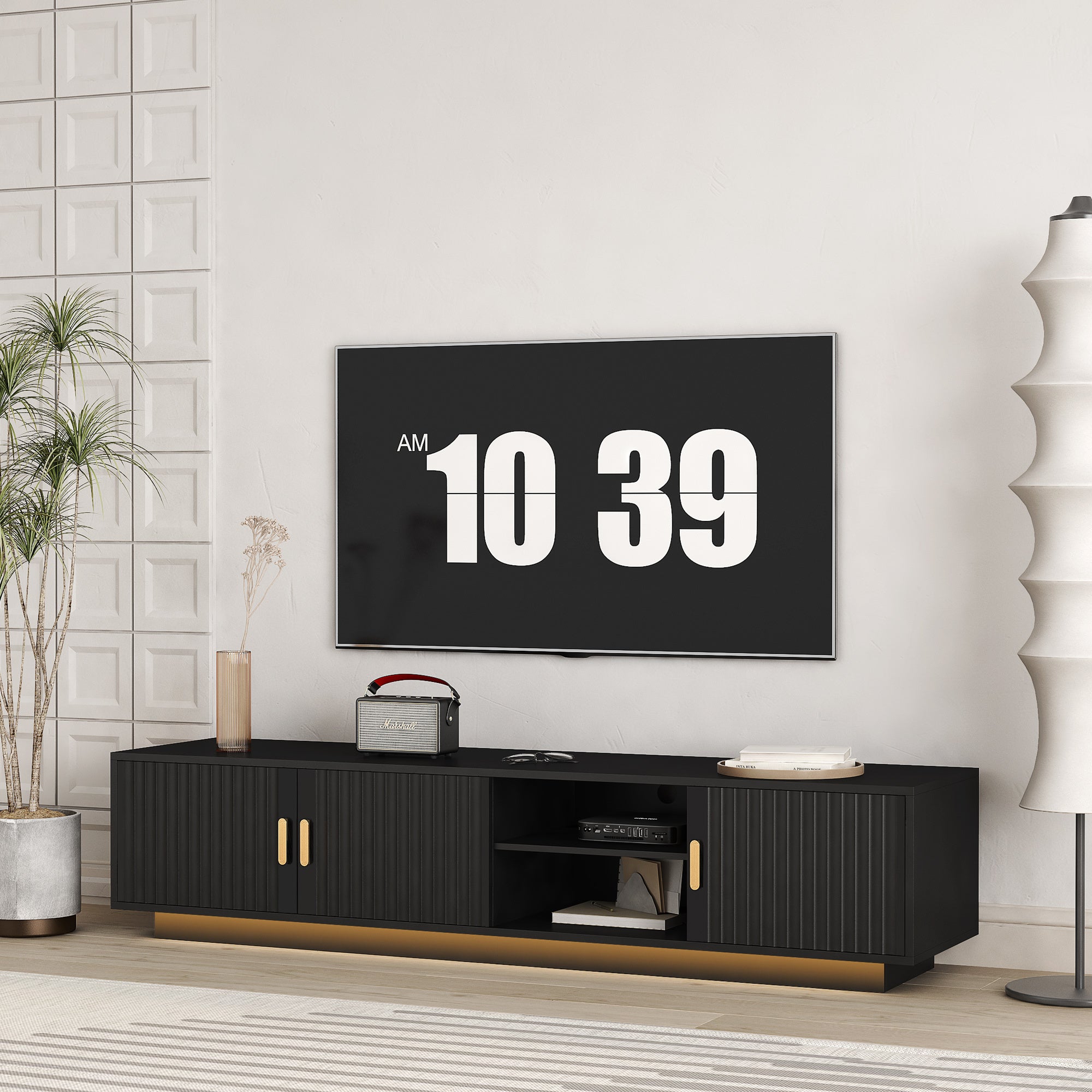 Mid Century Modern TV Stand With LED Lights For 80 Inch TV, Entertainment Center Wooden TV Stand, TV Stand Desk Media Cabinet With Storage For Living Room Bedroom