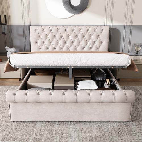 Upholstered Bed 5ft,150x200, 5ft King Bed, Luxurious Velvet Button-Tufted Sleigh Bed Storage, Functional Bed With Slatted Frame And Storage, Beige