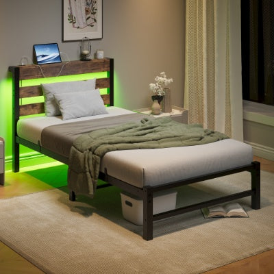 Twin Size Bed Frame Heavy Duty Platform Bed Frame With Headboard, USB Charging Station, LED Bed, No Box Spring Needed, Mattress Foundation, Strong Steel Slats, Noise Free, Brown