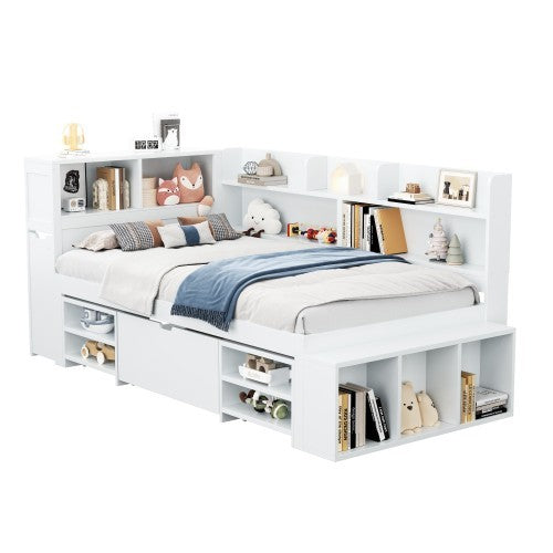 Children's Bed, Single Bed-3ft 90x190cm, Single Bed, Multifunctional Children's Bed With Drawers, Bookcase And Storage Cupboard, Large Storage Space, Slatted Frame, Without Mattress, White