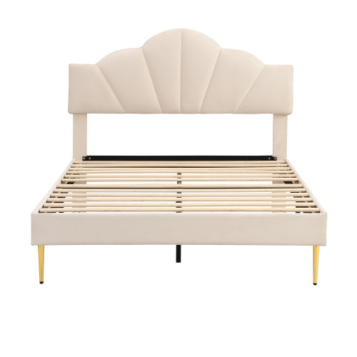 Velvet Upholstered Bed,Double Bed-4ft6 135x190cm, Shell-like Bed With Golden Iron Legs, Height-adjustable Headboard, Wooden Slatted Frame, Beige