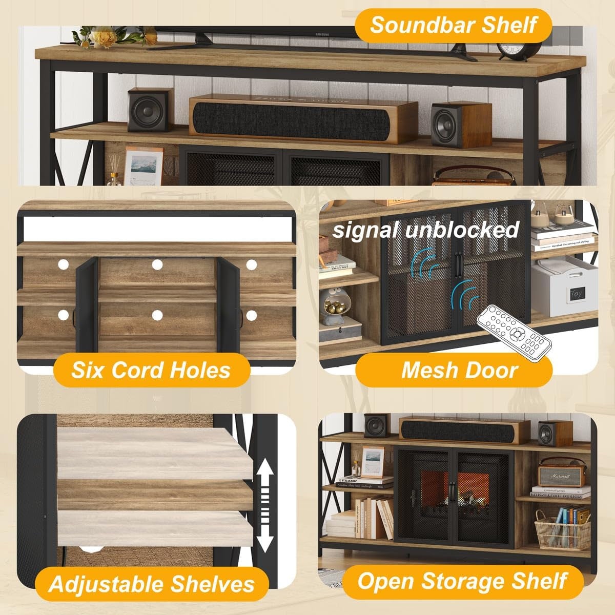 Tall TV Stand for 55-65" TVs, Storage Oak Peach Maple