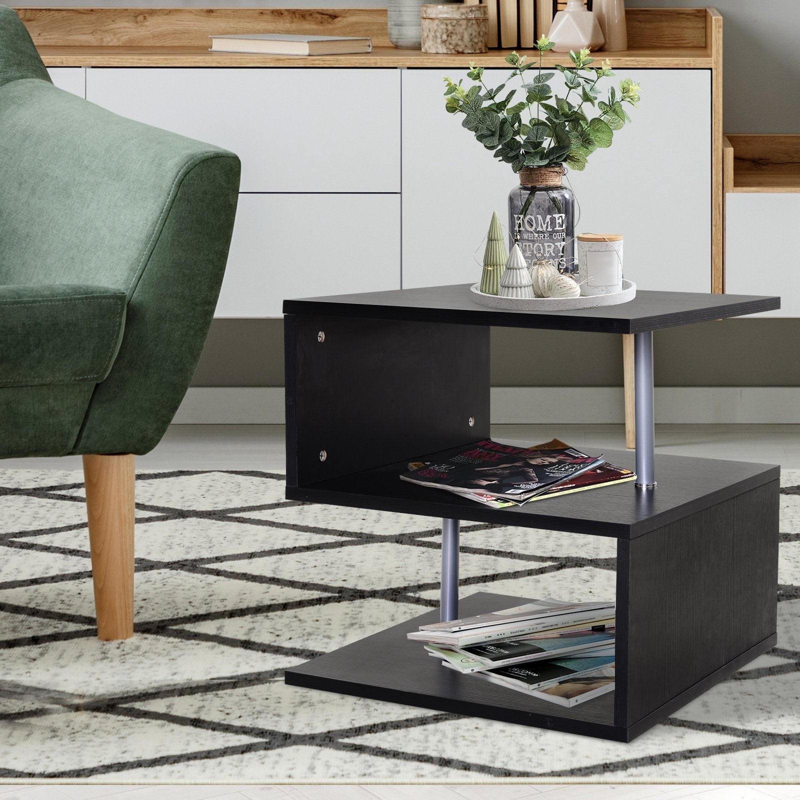 HOMCOM Wooden S Shape End Table 3 Tier Storage Shelves Organizer Taupe Shadow