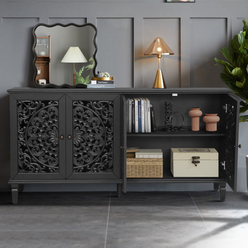 60 Antique Buffet Cabinet With Floral Carvings With Solid Wood Legs&Antique Brass Handles&Adjustable Shelves, TV Stand For 65'' TV, Sideboard For Living Room,Dining Room