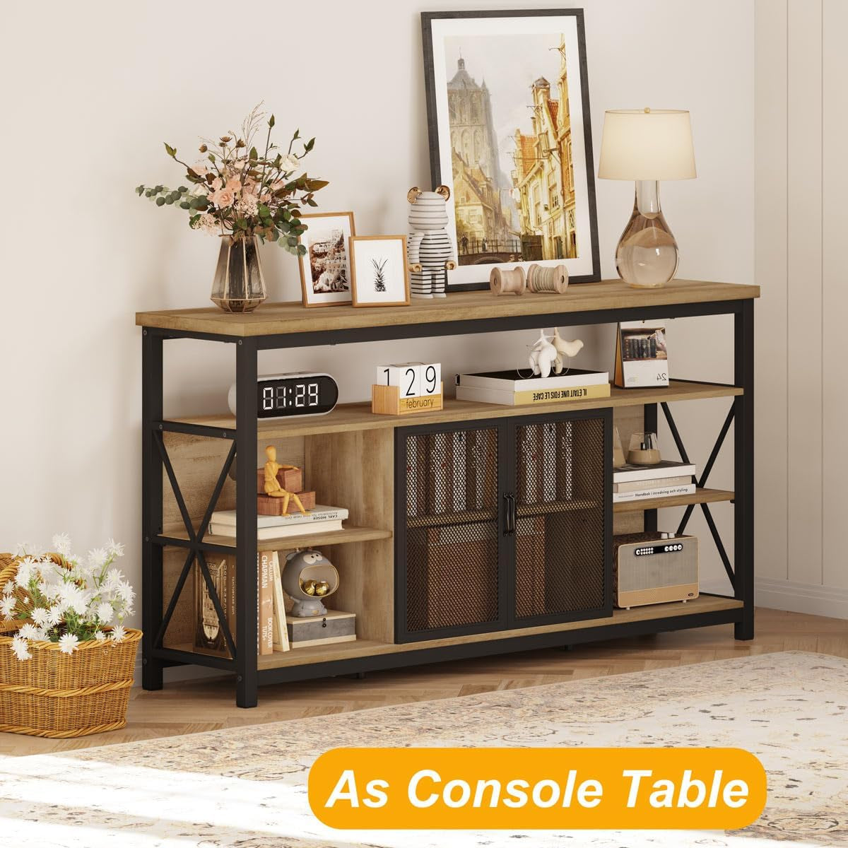 Tall TV Stand for 55-65" TVs, Storage Oak Peach Maple