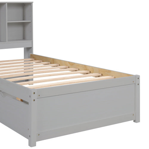 Modern Twin Size Bed Frame With Built-in USB Port On Bookcase Headboard And 2 Drawers For Grey Color