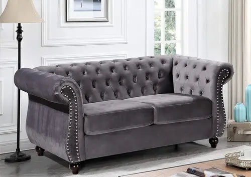 Modern Gray Velvet Chesterfield Loveseat Peach Maple