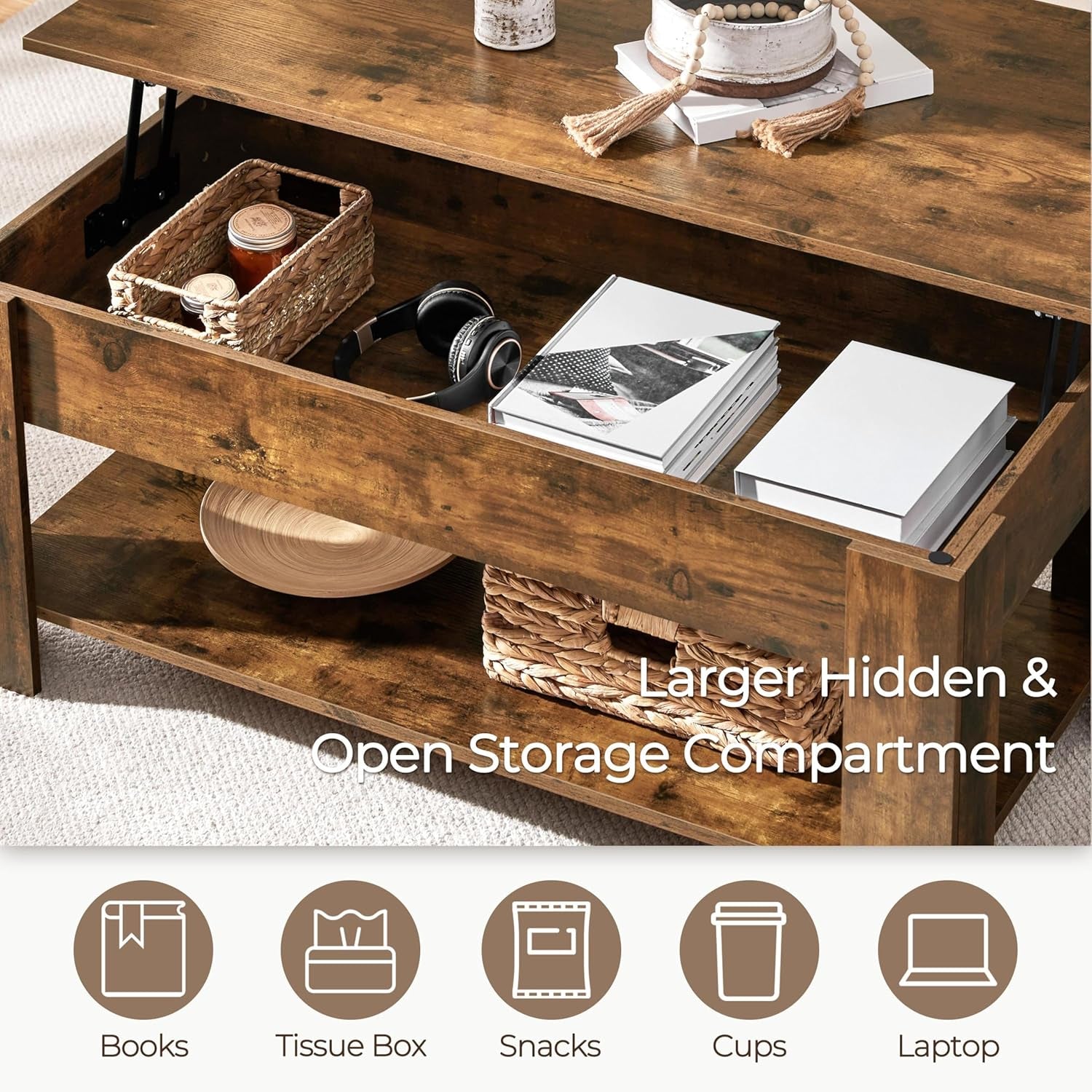 Coffee Table, 47.5In Lift Top Coffee Table with Hidden Compartment and Peach Maple
