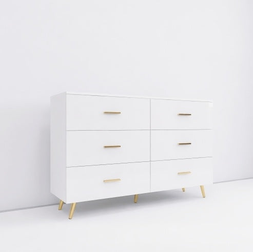 High Glossy Surface 6 Drawers Chest Of Drawer With Golden Handle And Golden Steel Legs White Color Vanity