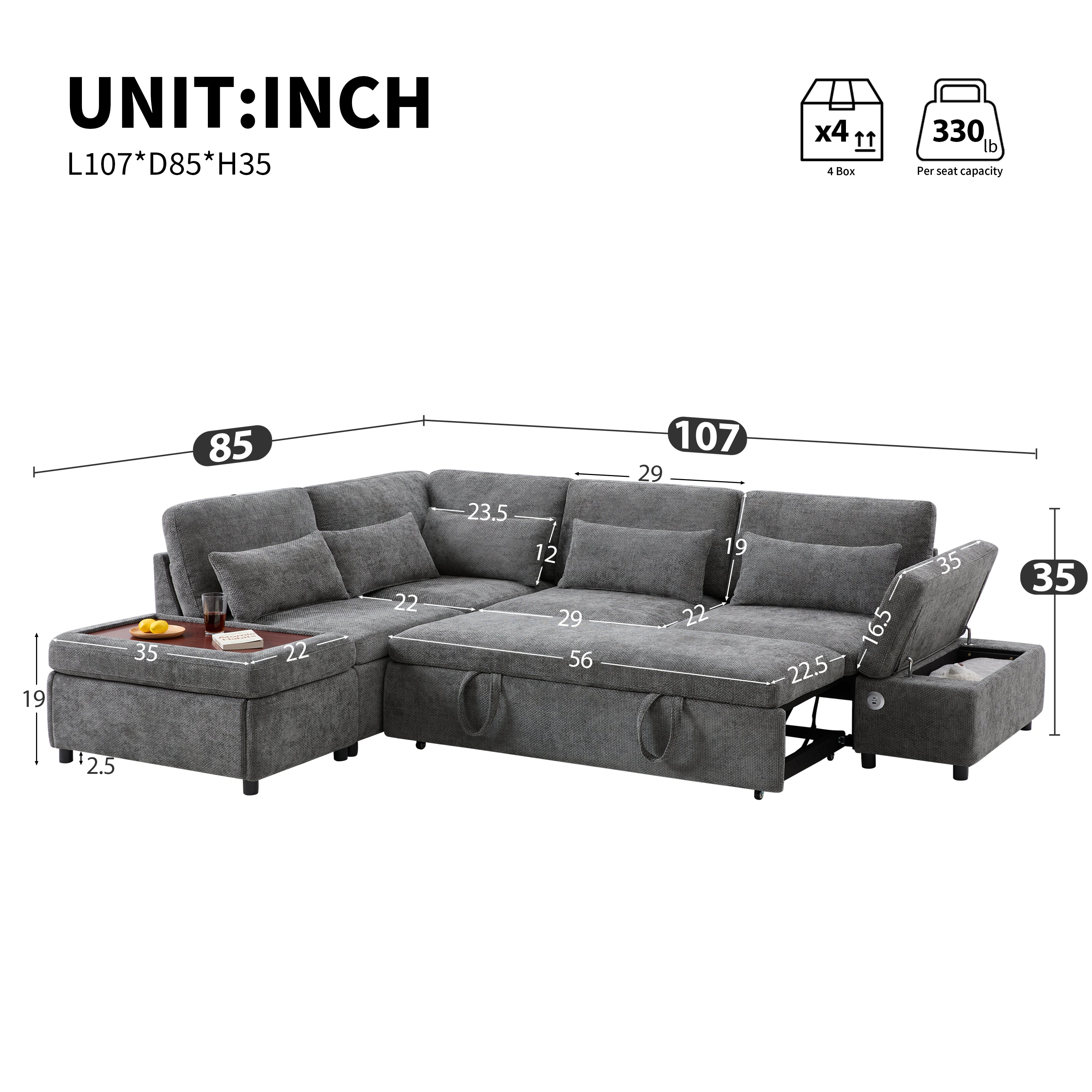 107'' Modular Sectional Pull-out Sofa, L shape with Wide Seats, Free