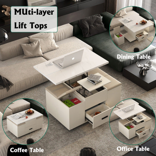 Modern Lift-Up Coffee Table With 4 Stools Set For Living Room Expandable 1 Hidden Storage 2 Drawers Space Saving Folding Dining Table CJDropshipping