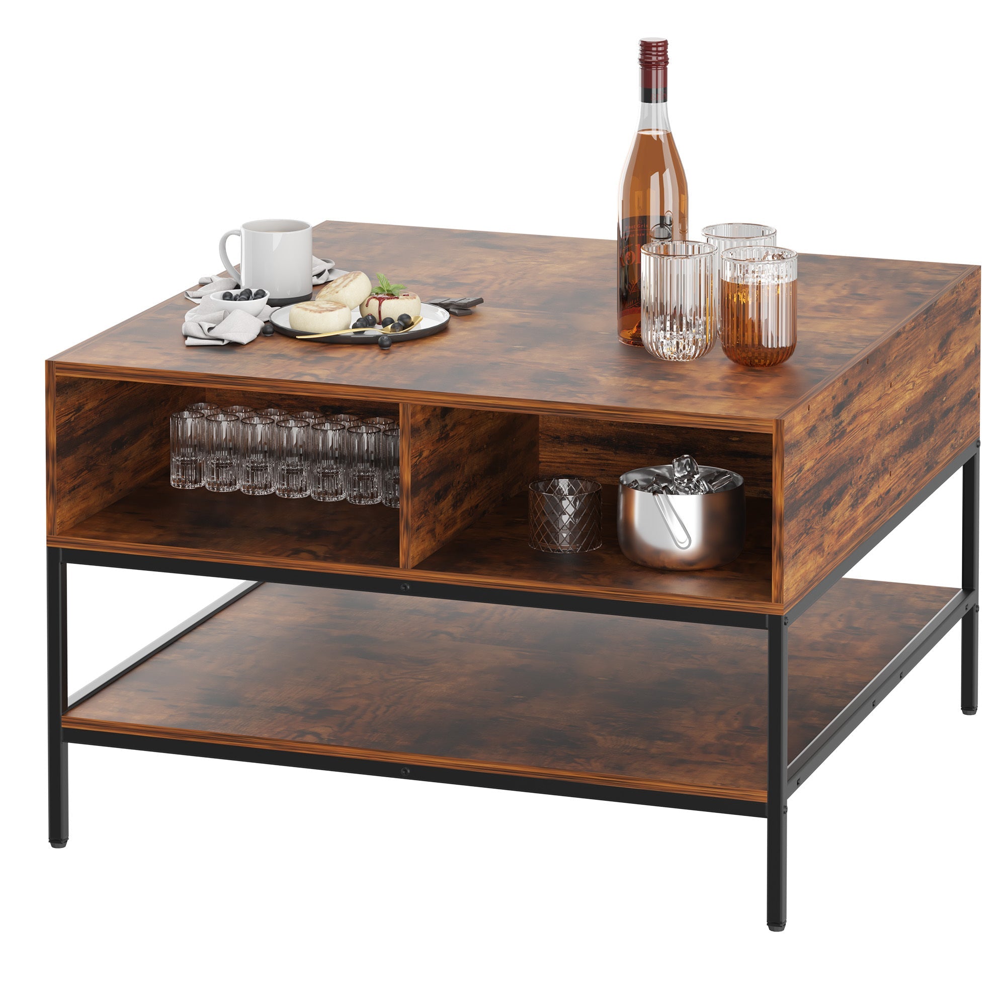 Farmhouse Flip Top Coffee Table With Storage Rustic Wood Grain Table, Hidden Storage Compartment For Living Room, Sturdy Metal Frame Easy To Assemble & Clean CJDropshipping