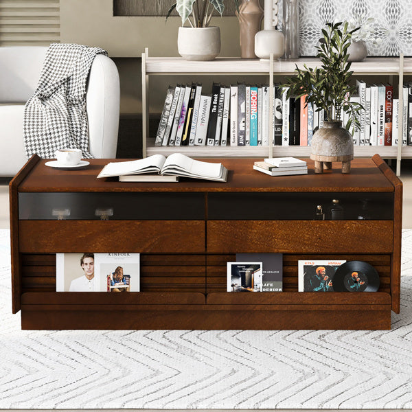 U-Can Modern Rectangle Coffee Table With 4 Drawers And 2 Display Shelves,  Wood Coffee Table With Fluted Style, Tempered Glass For Living Room CJDropshipping