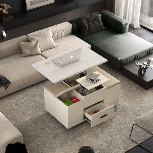 Modern Lift-Up Coffee Table With 4 Stools Set For Living Room Expandable 1 Hidden Storage 2 Drawers Space Saving Folding Dining Table CJDropshipping