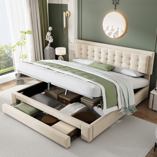 Upholstered Bed King Size Bed 5ft 150x200cm Velvet Fabric  Double Bed  Large Storage Space,With Slats And Headboard,Without Mattress,Grey