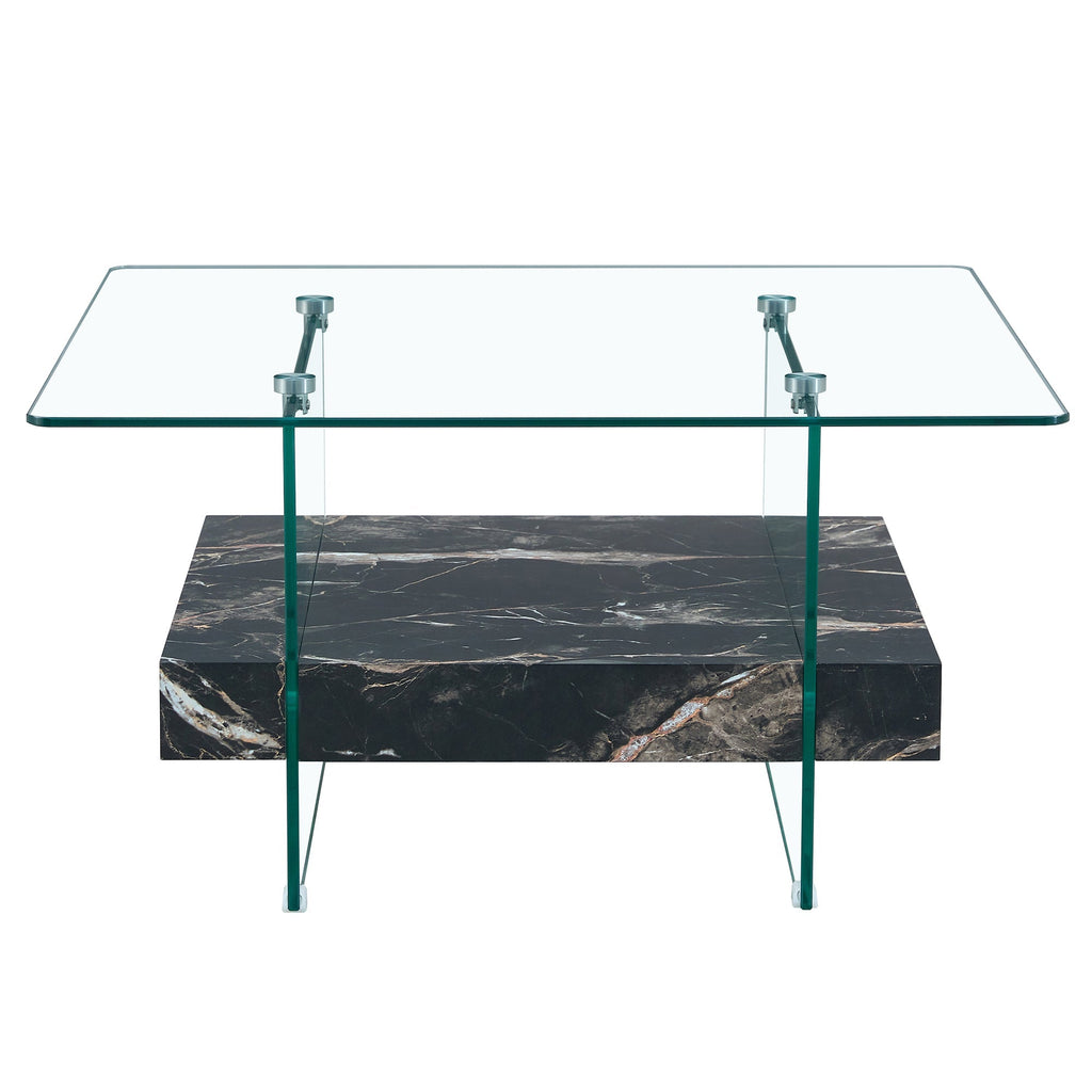 Modern Two-Tier Square Coffee Table - Elegant Clear Glass and Black Sangria Beech