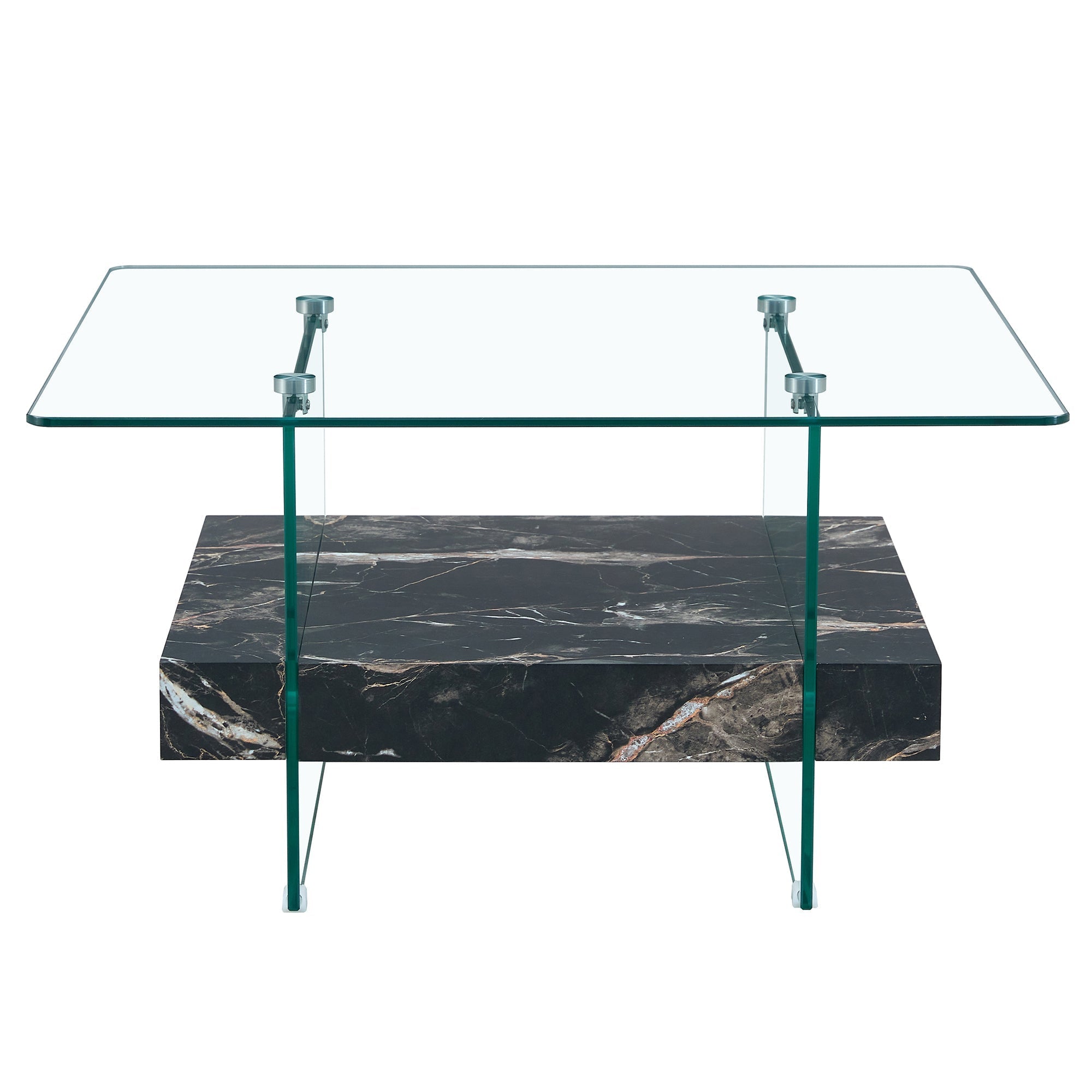 Modern Two-Tier Square Coffee Table - Elegant Clear Glass and Black Sangria Beech