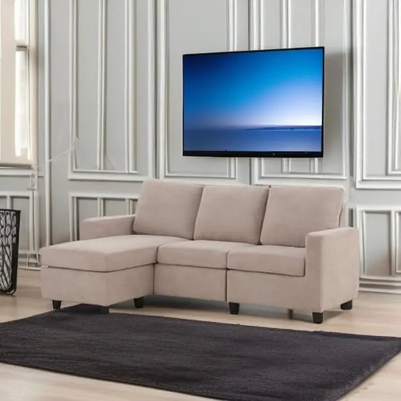 Dark Beige Linen L-Shaped Sectional, Reversible Couch Peach Maple