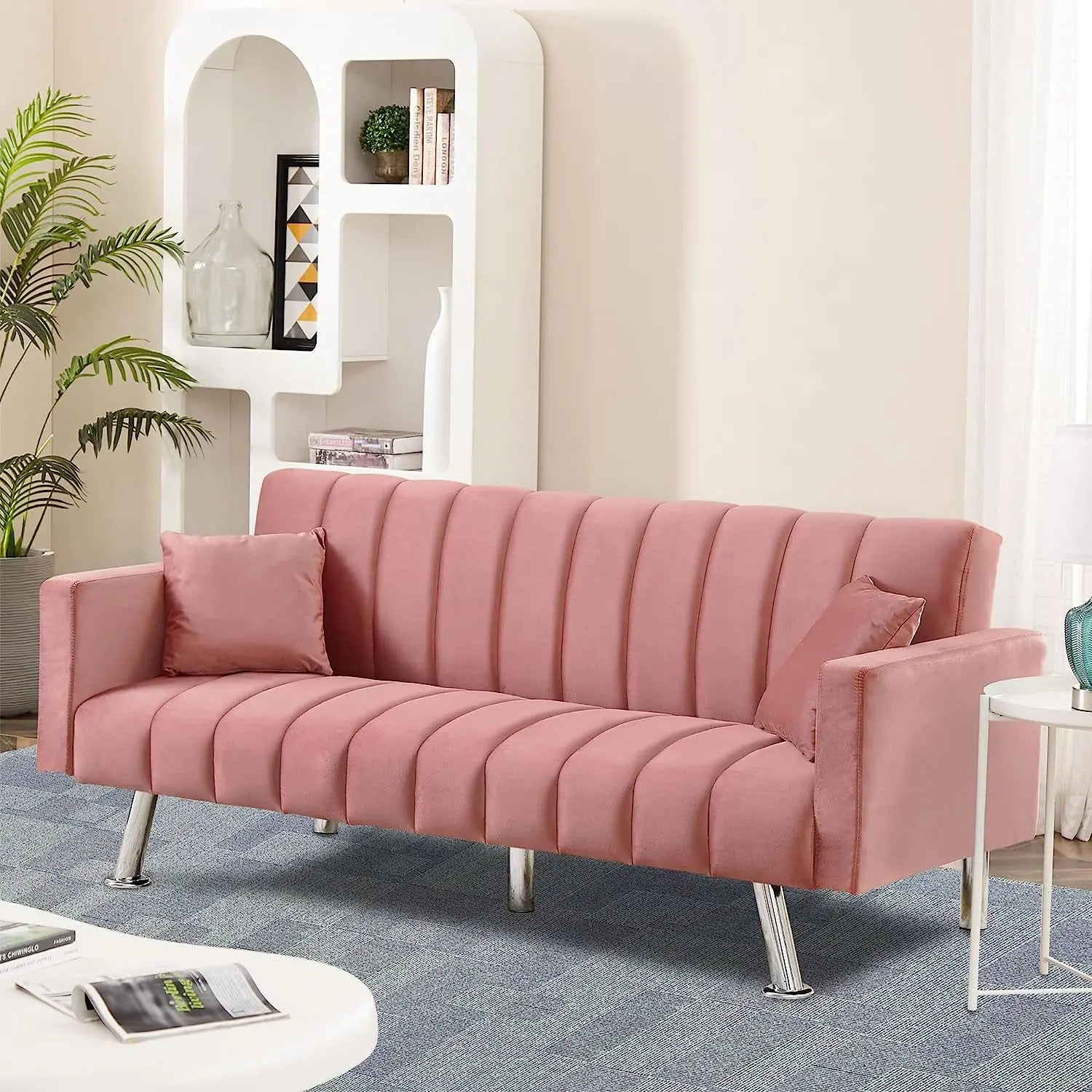 Pink Velvet Sofa Bed with 2 Pillows Peach Maple