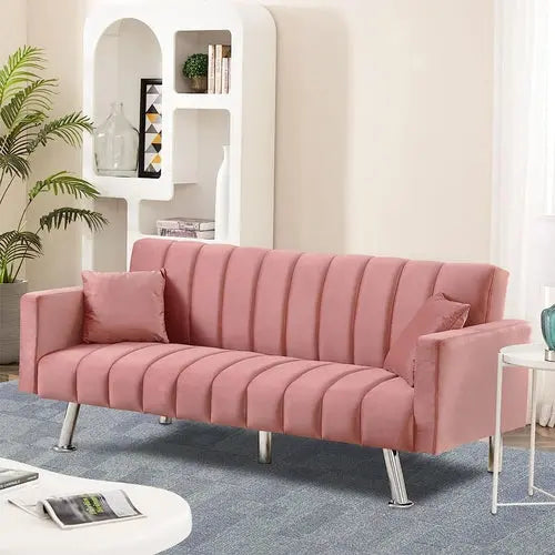 Pink Velvet Sofa Bed with 2 Pillows Peach Maple