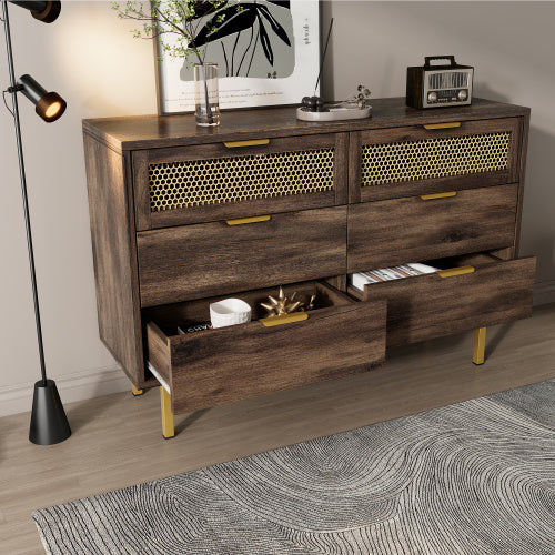 Sideboard Cabinet Dresser With 6 Drawers, Metal Handles Dresser, Multipurpose Cabinet For Hallway, Bedroom, Living Room, And Children's Room.120 X 40 X 76 Cm, Dark Brown