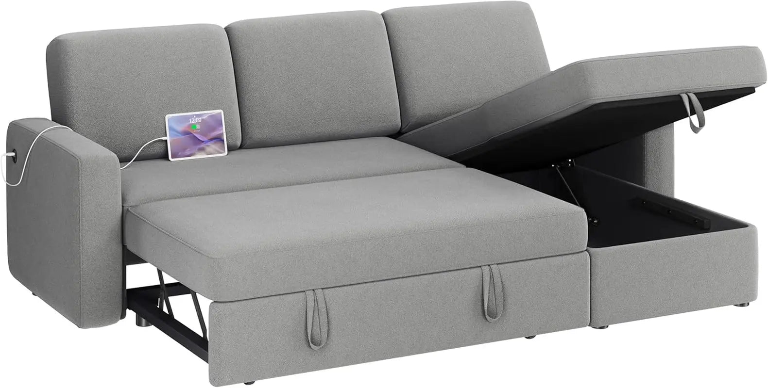 Light Gray L-Shaped Sleeper Sectional, USB, Storage Peach Maple