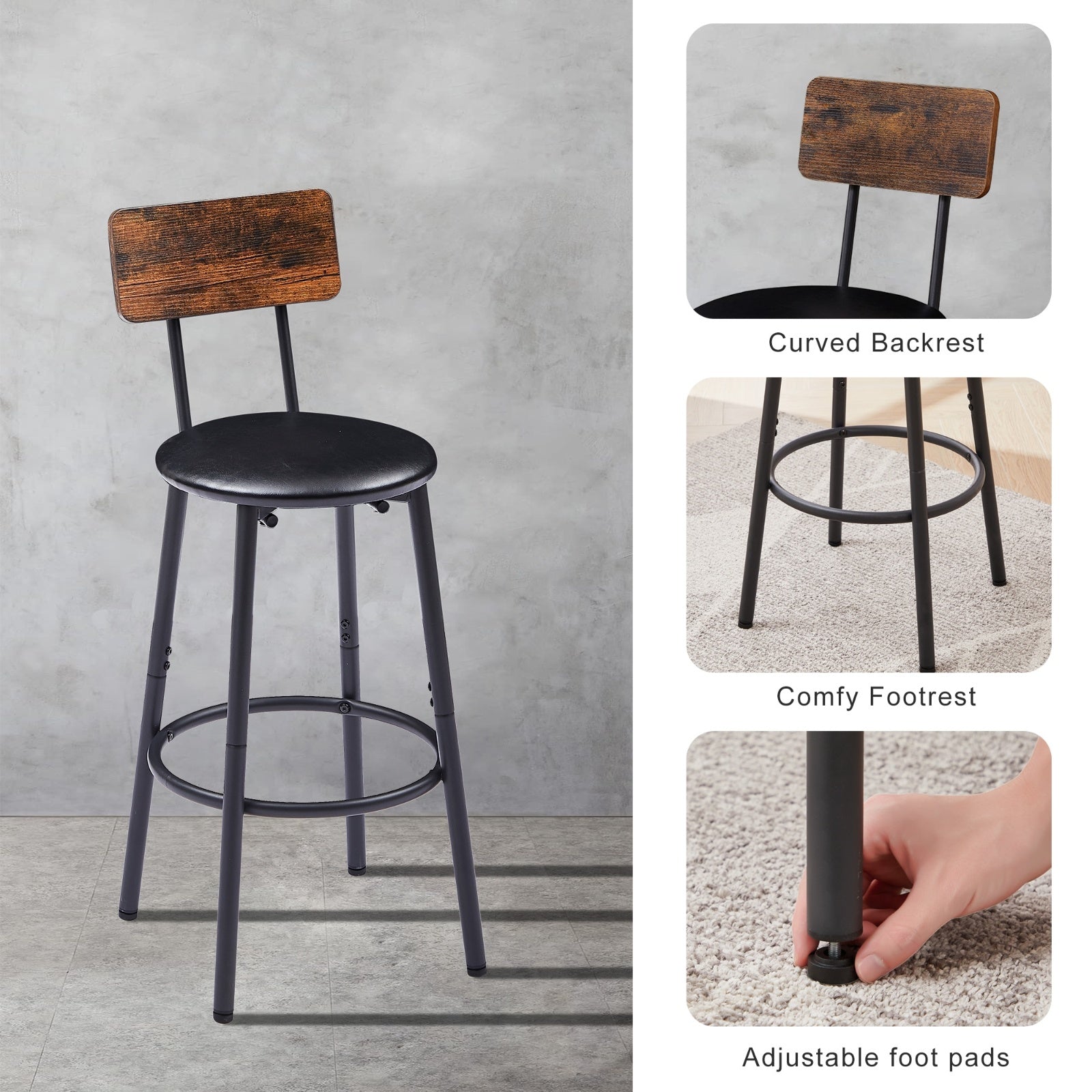Bar Table Set With 2 Stools, PU Seat   Backrest, Rustic Brown, 23.62 W X 35 H