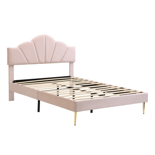 Velvet Upholstered Bed,King Size Bed-5ft 150x200cm  Shell-like Bed With Golden Iron Legs, Height-adjustable Headboard, Wooden Slatted Frame