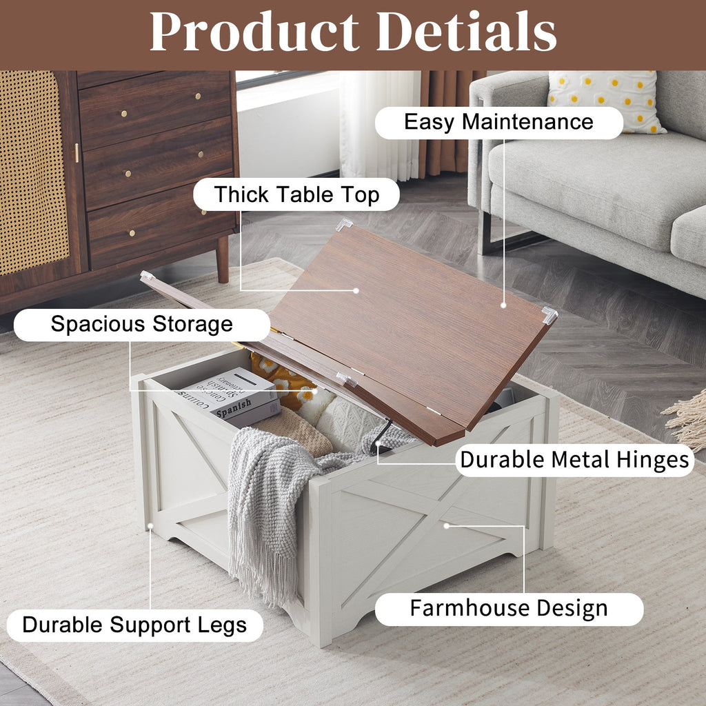 Large Hidden Storage Compartment, Double Flap Panel, Side X Shape, Coffee Table, Square, 31.5x31.5x18in CJDropshipping