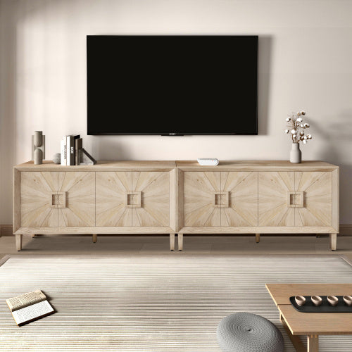60'' Premium Rustic American Farmhouse Credenza - Symmetrical Sunburst Door Design, Heavy-Duty Antique Wood TV Stand With Adjustable Shelves, Storage Cabinet For Living Room Kitchen  Antique Natural